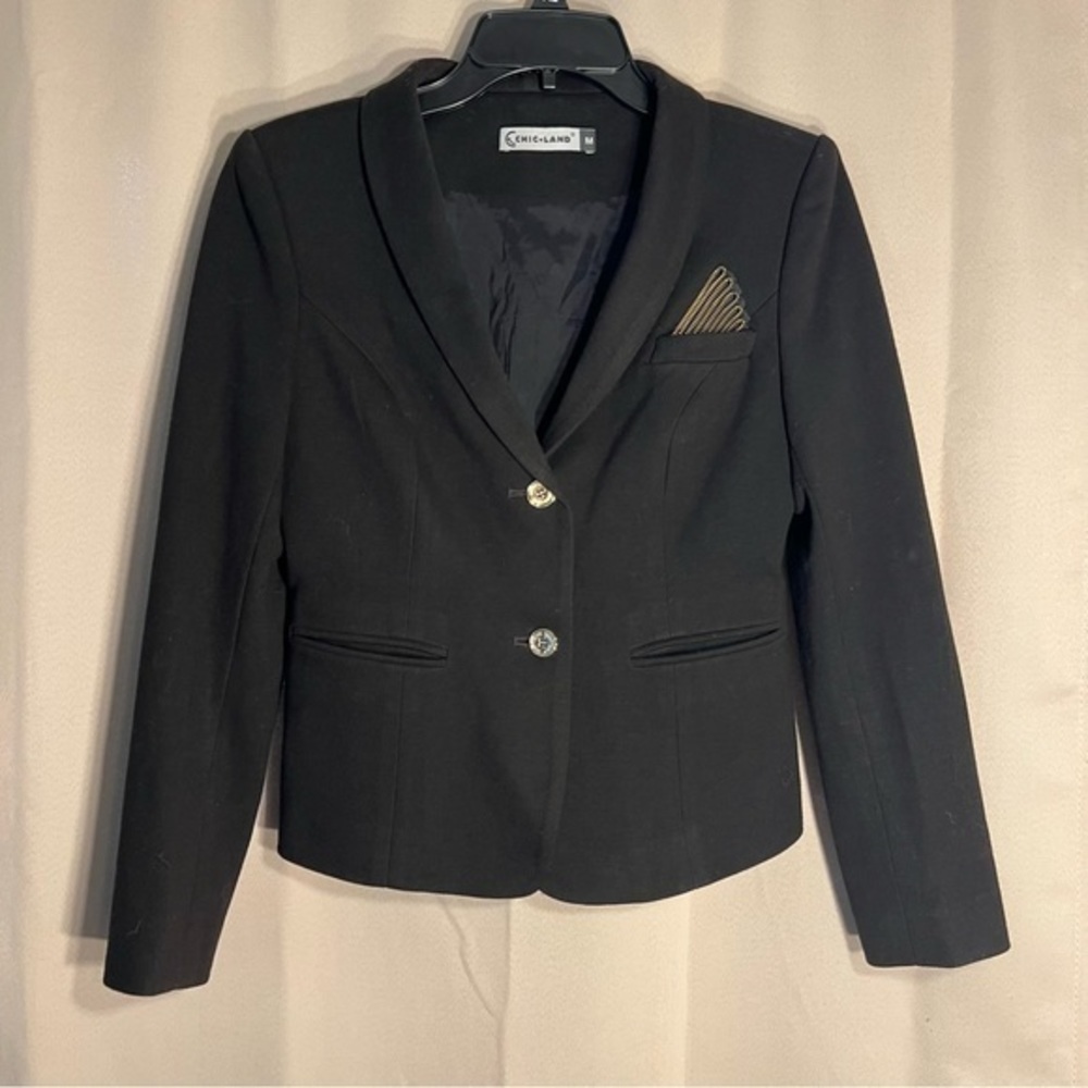 Rare Chic-Land Medium Professional Black 2 Button Blazer Zipper Pocket Square